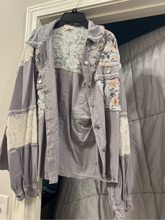 POL Jackets & Blazers - POL Lavender Lace Patchwork Utility Jacket with Floral Panels